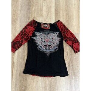 Harley-Davidson Women's Y2K Rhinestone 3/4 Sleeve Top Sheer Sleeves Size Medium
